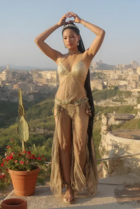  (full body, bare feet:1.8), on left side a woman. (7-CgiFaces). (7-CgiFaces). ((She is wearing a Thai sarong , Detailed Outfit, Wet clothes )), nigerian dark woman, a high quality image of Mercy; in a ballerina posture, hands intertwined at the top with w...