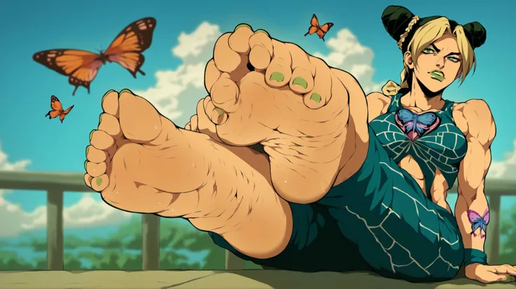 digital art, female anime characters, Jolyne with butterfly tattoo, bare feet prominently displayed, Ermes sniffing with expression of interest, Stone Ocean characters, cell background, muscular female physiques, detailed skin texture, vibrant colors 5 toe...