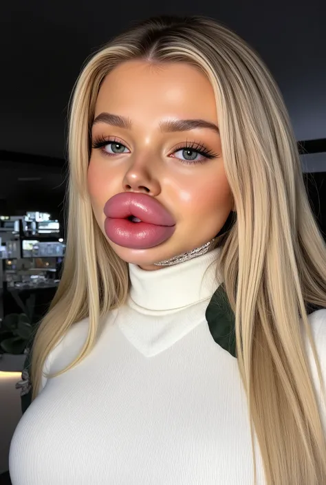 Ultra-realistic front view portrait of a super cute young woman in her 20s with platinum blonde hair with black roots. She has a cute face and long eyelashes. Her facial features are huge fake round bimbo lips, glossy and overfilled, and she has round chee...