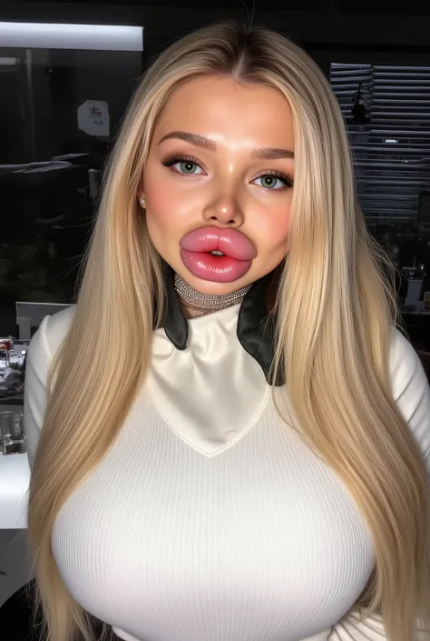Ultra-realistic front view portrait of a super cute young woman in her 20s with platinum blonde hair with black roots. She has a cute face and long eyelashes. Her facial features are huge fake round bimbo lips, glossy and overfilled, and she has round chee...