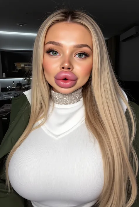 Ultra-realistic front view portrait of a super cute young woman in her 20s with platinum blonde hair with black roots. She has a cute face and long eyelashes. Her facial features are huge fake round bimbo lips, glossy and overfilled, and she has round chee...