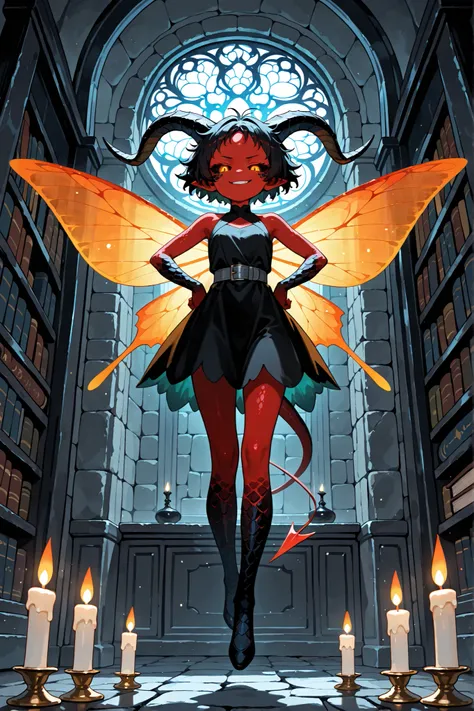 1girl, mini girl, small size, fairy, demon girl, dark-red body, black scales, scales legs, scales arms, scales top, black dress, grey belt, fairy dress, transparent dress, orange fairy wings, dragonfly wings, (wings movement lines), wings flutter, glowing ...