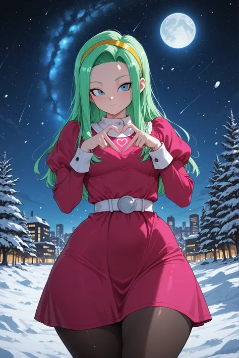 1 girl ,Brianne (Dragon Ball super), long hair, green hair, blue eyes, long sleeves, dress, juliet sleeves, hairband, puffy sleeves, white belt, black pantyhose, pink dress, yellow hairband, white collar, sleeve_cuffs, hair ornament, red dress,EyesHD,heart...