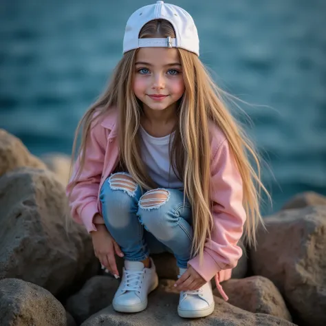 A realistic photograph of a pretty cute little teen girl with long blond hair and a soft, inviting smile. crouching on rocks, She wears a white T-shirt with a pink denim jacket with pink sleeves and a white cap. Her outfit is completed with tight demin r...