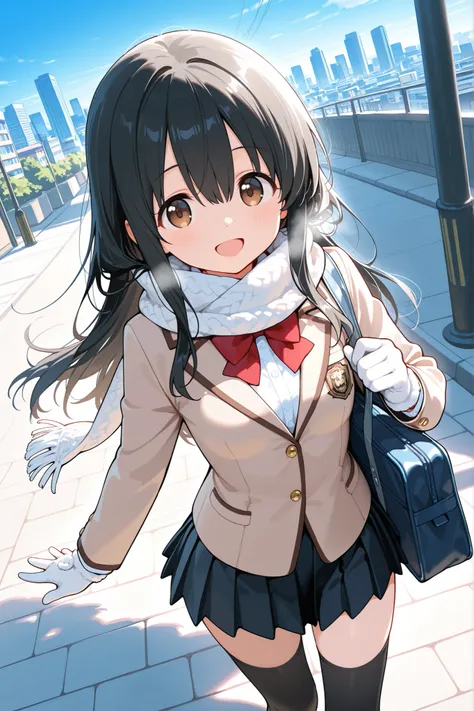 1girl, solo, character focus, from above, dutch angle, dynamic angle, blue sky, city, sidewalk, school uniform, light brown blazer, white dress shirt, black pleated skirt, black thighhighs, red ribbon bow tie, white wool scarf, white woolen gloves, school ...
