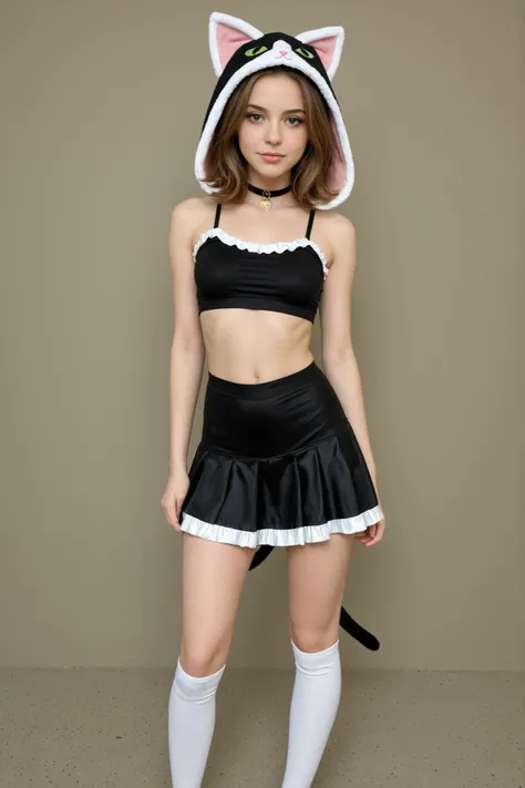 a GIRL WITH MEDIUM HAIR, CAT COSPLAY, MINI SKIRT SEXY LEGS, CROP TOP SEXY BOOBS IN SENSUAL POSE 