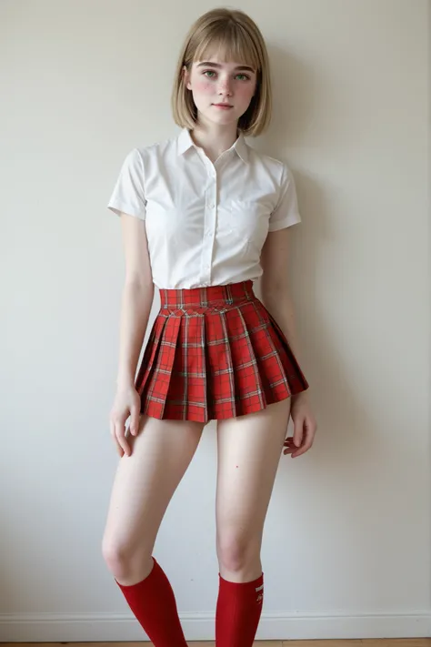 A (gorgeous young woman:1.3) leans against a white tiled wall, wearing an elegant school uniform, full subject in view, studio photoshoot, in perfect lighting, centered framing, neutral background, minimalism.
(Petite woman:1.3), (dirty blonde hair:1.3), ...