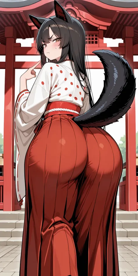 Monster Girl woman with a big butt with a red  doted black dog-ears and red shrine maiden costume (With long skirt), with a beautiful big ass, Long dog-tail (black With brown "dots"), long black hair, , Grumpy, looking back at the viewer, right hand snaps ...