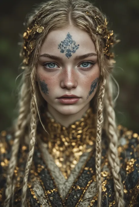 A beautiful Viking woman with long blonde hair with a few braids in it and blue eyes. She is wearing a gold torq around her neck and her face has blue woad patterns painted on it. Hyper realistic waist up portrait. Intricate details, depth of field