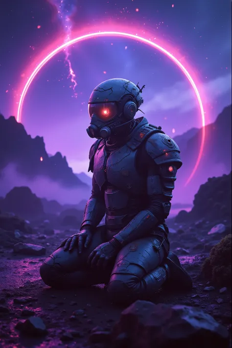 Cyber atmosphere Hong Kong punk × the aesthetics of alien existentialism,Battle-wounded star pioneer, kneeling in front of an alien altar,biomechanical exoskeleton/Left cybernetic arm, armor from which extraterrestrial crystals grow,Cracked visor, refracti...