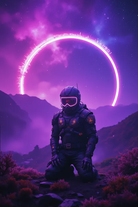 Cyber atmosphere Hong Kong punk × the aesthetics of alien existentialism,Battle-wounded star pioneer, kneeling in front of an alien altar,biomechanical exoskeleton/Left cybernetic arm, armor from which extraterrestrial crystals grow,Cracked visor, refracti...