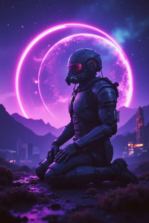 Cyber atmosphere Hong Kong punk × the aesthetics of alien existentialism,Battle-wounded star pioneer, kneeling in front of an alien altar,biomechanical exoskeleton/Left cybernetic arm, armor from which extraterrestrial crystals grow,Cracked visor, refracti...