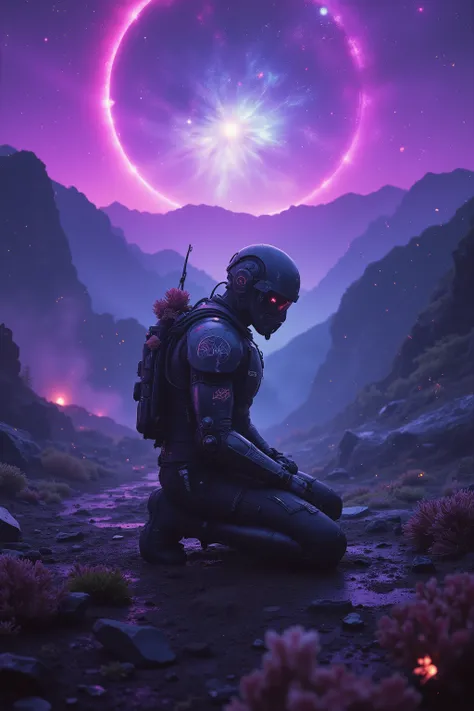 Cyber atmosphere Hong Kong punk × the aesthetics of alien existentialism,Battle-wounded star pioneer, kneeling in front of an alien altar,biomechanical exoskeleton/Left cybernetic arm, armor from which extraterrestrial crystals grow,Cracked visor, refracti...