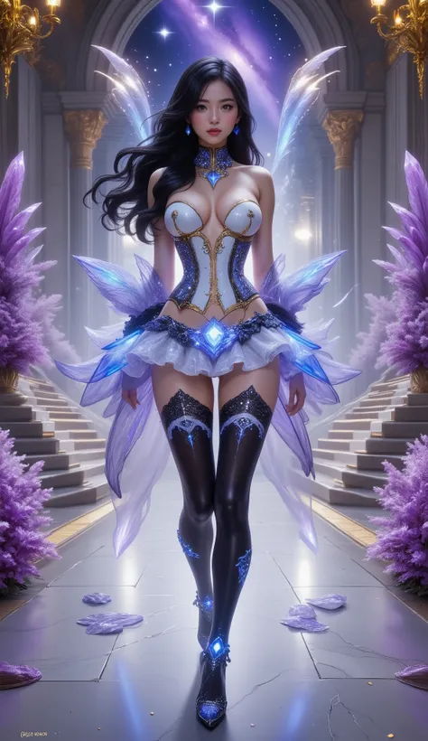 full body shot, 4K, hyper detail, hyper detail clothing texture, 17-year-old young Asian girl with a cute face with sweet appearance and white skin, tall body, slim and small belly, wide waist, shiny body, shiny costume, long and sexy muscular legs, and gi...