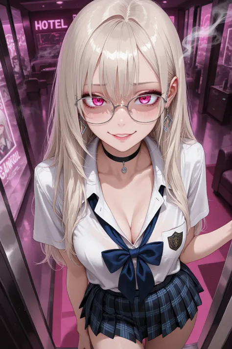  Highest Quality,  very detailed,  anatomically accurate ,   silver earrings, frameless glasses ,  magenta eyes,  Platinum Blonde Hair,  Slender,  long hair,   Perplexed Smiles ,  black choker, Hotel, checked mini skirt, NSFW, Gal, smokes, Street Fashion, ...