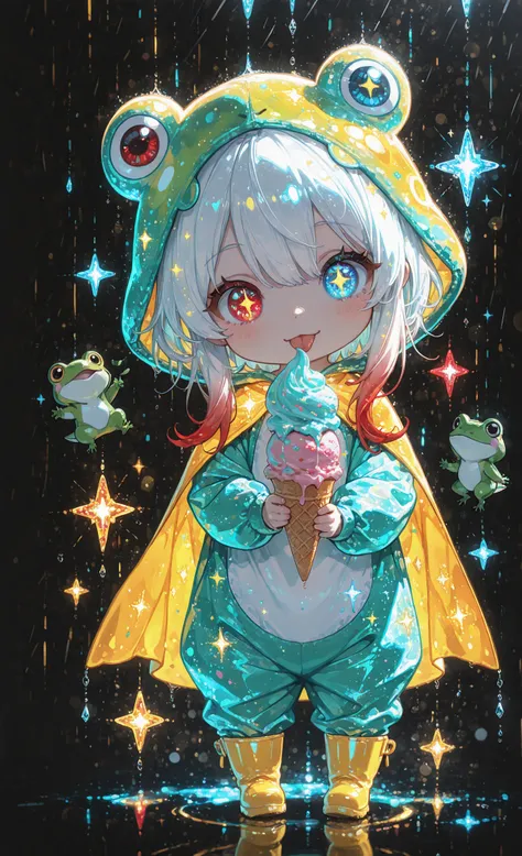 masterpiece, best quality, ultra-detailed:1.3, chibi style, 1girl, solo, pure white hair with soft gradient red tips, heterochromia crimson red right eye:1.3 and ice blue left eye:1.3, fair skin, wearing bright green frog onesie with yellow cape, yellow ra...
