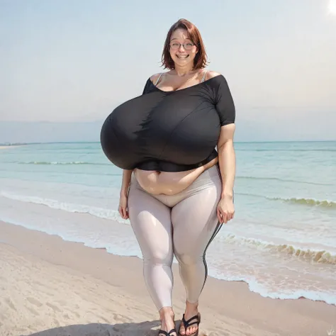 1girl, bad teeth, fat neck, double chin, wearing a shoulder collar black shirt,(crop top) breast silhouette,  (detail face), bra strap, white yoga pants, sandals, (at a secluded beach early morning background:1.2) (macromastia:1.3)  1girl, solo, ,1 girl, l...
