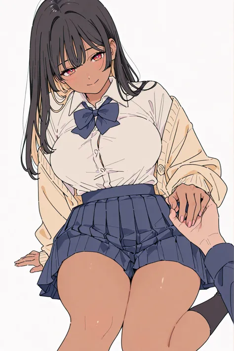 masterpiece、Highest Quality、cute girl、high school girl、anime style、 white collar shirt、loose bow tie、pleated skirt, navy blue skirt、Shirt tucked in,Cardigan、black socks、、big breasts、big boobs、thighs、 uniform、ムチムチのthighs、thighs、Mature Body、Brown skin、黒色のlon...