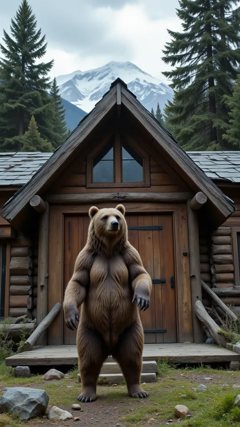 high-definition images、When I opened the entrance to the Canadian log cabin、, a grizzly bear was waiting in an upright position、