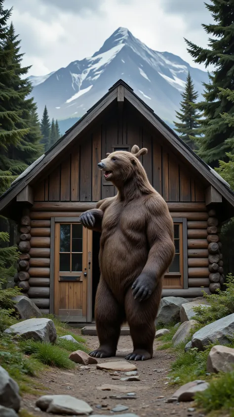high-definition images、When I opened the entrance to the Canadian log cabin、, a grizzly bear was waiting in an upright position、