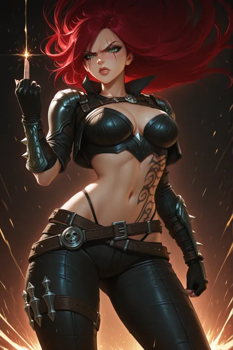 katarinaxlil, red hair, scar across eye, rib tattoo, lips, fingerless gloves, belt, cropped jacket, highleg panties, green eyes, black pants, uneven sleeves,Katarina from League of Legends, kawaii anime style, angry expression, giving the middle finger, sh...