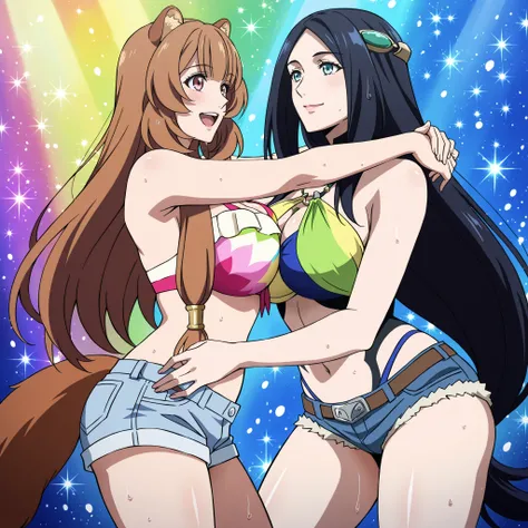 Tateyuu, Sadeena, raphtalia, yuri, dancing together at night, anime-style,  thighs, 
big breasts press,
, Background a night party., al aire libre, ((colorful bikinis. denim shorts))

score_9, score_8_above, score_7_above, masterpiece, la mejor calidad, ex...