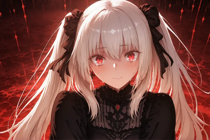 8K HD high-quality illustration of a beautiful crying girl , girls,Red Eyes ,With two ponytails,。filled with graceful and delicate aesthetics . capturing the essence of tears and emotion in a dreamlike setting , reality and imagination blend seamlessly ...