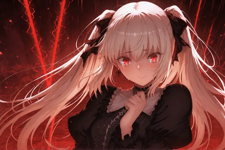 8K HD high-quality illustration of a beautiful crying girl , girls,Red Eyes ,With two ponytails,。filled with graceful and delicate aesthetics . capturing the essence of tears and emotion in a dreamlike setting , reality and imagination blend seamlessly ...