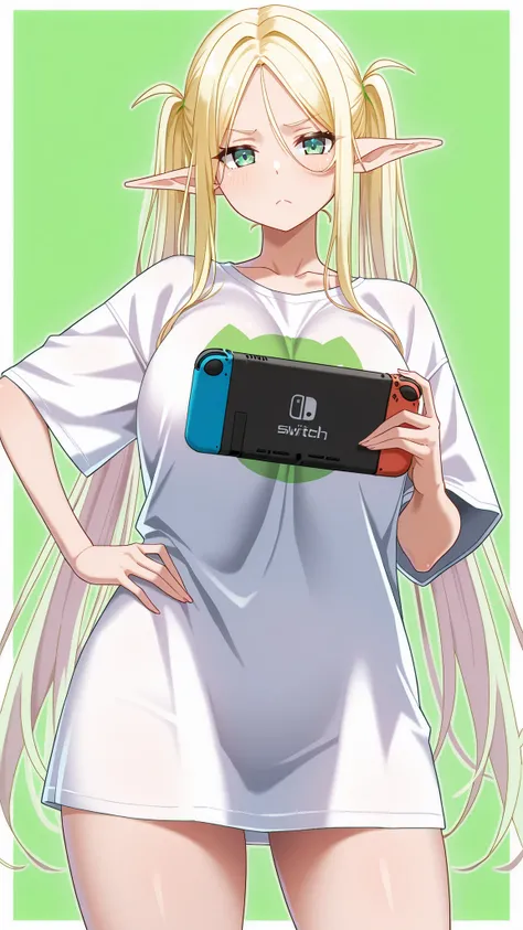 1 girl, elf, green, long ears, long hair, blonde hair, twin tails, Big T-shirt, holding a nintendo switch, hand on hip, frown, looking at viewer