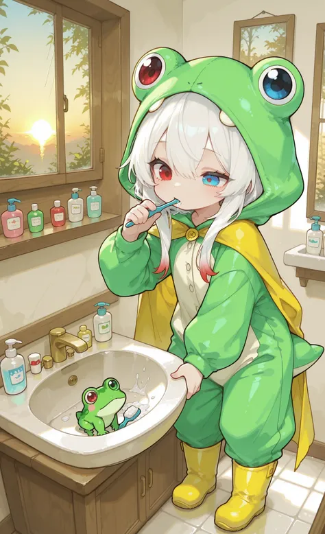 Melys Chibi, masterpiece, best quality, ultra-detailed:1.3, chibi style, 1girl, solo, pure white hair with soft gradient red tips, heterochromia crimson red right eye:1.3 and ice blue left eye:1.3, fair skin, wearing bright green frog onesie with yellow ca...