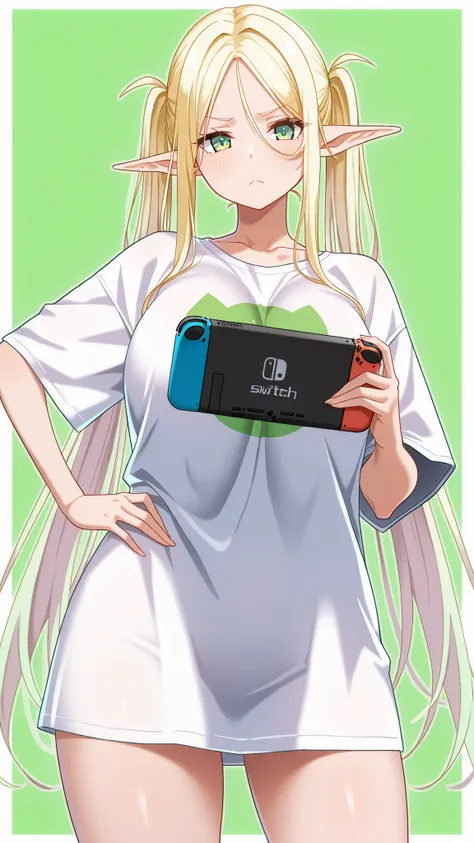 1 girl, elf, green, long ears, long hair, blonde hair, twin tails, Big T-shirt, holding a nintendo switch, hand on hip, frown, looking at viewer