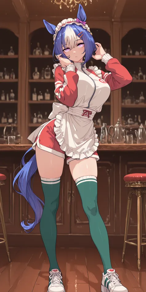 1girl,solo,cesario (umamusume), horse girl, indoor,bar,night,

 alternate costume, frilled apron, waist apron, white apron, maid, maid apron, unconventional maid, jersey maid, White color jacket, track jacket, long sleeves, shoes, zettai ryouiki , red colo...