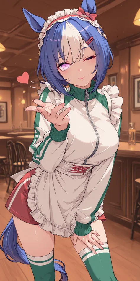 1girl,solo,cesario (umamusume), horse girl, indoor,bar,night,

 alternate costume, frilled apron, waist apron, white apron, maid, maid apron, unconventional maid, jersey maid, White color jacket, track jacket, long sleeves, shoes, zettai ryouiki , red colo...