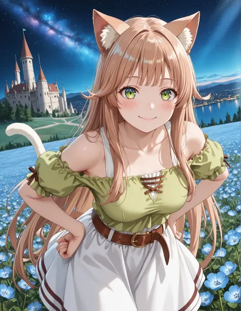 leaning forward, 1girl, solo, smile, looking at viewer, blurry background, from above, cowboy shot, hand on own hips, smile, blush,  ((BeastTamer-Kanade, ,kanade, cat girl, cat ears, light brown hair, very long hair, green eyes, medium breasts, off shoulde...