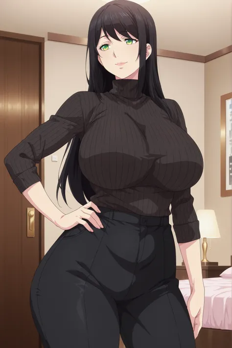 newest , masterpiece , anime screencap , anime coloring , hanyuyuzuki, 1girl, mature female, solo, green eyes, black hair,  long hair, swept bangs, glamorous bodies, attractive bodies, motherly, milf large Curvy, Slutty, Neat, big breasts, thick thighs, To...