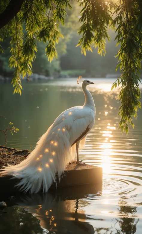 there is a white peacock standing on a ledge next to a body of water, beautiful and graceful, beautiful animal pearl queen, peaceful and graceful, glowing feathers, beautiful glowing backlit, beautiful backlit, beautiful and elegant, beautiful lit, beautif...