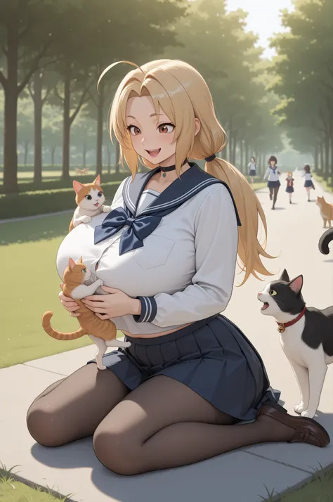 Tsunade Senju . Grandmother . long , blond hair tied in two ponytails . brown eyes . pink lipstick . huge saggy breasts . chubby. choker , |  girl_with_cats, cat, animal, holding animal,multiple cats, cats running, cats jump,girl surrounded by many cats, s...