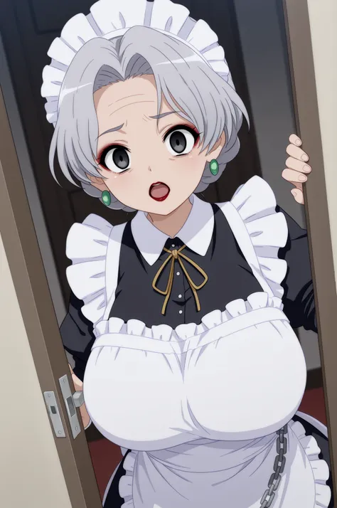 Grandma. gray hair, black eyes, short hair, dark red lips, wrinkles, earrings, makeup, huge saggy breasts, cowboy shot, frown ,looking at viewer, masterpiece, best quality, amazing quality, old woman and young femboy.|   1girl,(sho \(sho lwlw\):0.7),(sinco...