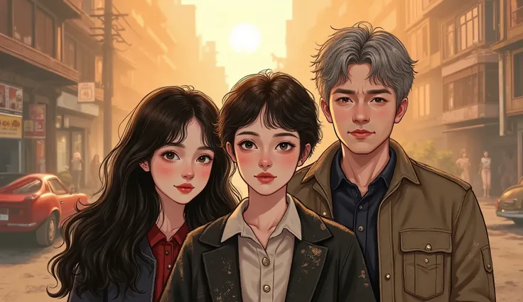three people — a 25-year-old woman and her middle-aged parents — standing together in a zombie apocalypse setting, semi-realistic manhwa style, medium close-up shot from the waist up. 
All three are looking directly at the camera with determined and emotio...