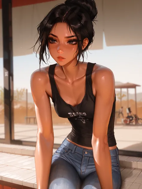 (Latina Female:0.5), skinny, masterpiece, best quality, very aesthetic, movie quality, depth of field,soft saturation, focused subject, official style,  black eyes,  medium black hair, (parted hair), forehead, wide eyelashes, light eyelids, curved eyebrows...