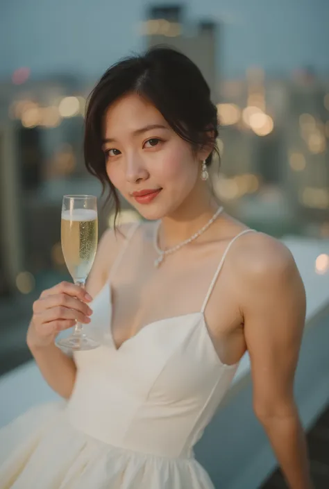 20 year old Japanese woman, beautiful face, elegant side-swept hair, slim figure, evening cocktail dress, champagne toast pose, sophisticated smile, luxury rooftop bar, city lights backdrop, evening atmosphere, 50mm lens, celebration composition, festive m...