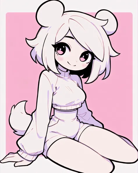 CartoonyIllustrious,a cute female character with animal ears and tail, sitting casually on a pastel surface, soft smile, gentle lighting, clean line art, smooth color transitions, minimal neo tokyo pop background, focus on eyes and face, short modern outfi...