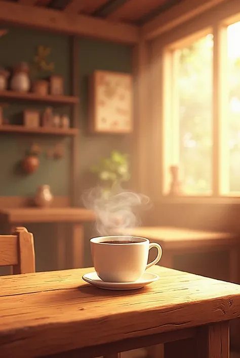 Create a picture of a wooden coffee shop with a light haze, a hot cup of coffee on a wooden table in cartoon style