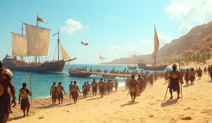 Ultra-realistic cinematic illustration of the Abyssinian (Ethiopian) army landing on the ancient Yemeni coast, midday under bright sunlight, 6th century AD.

Scene description:
A wide panoramic shot showing several large wooden warships anchored near a gol...