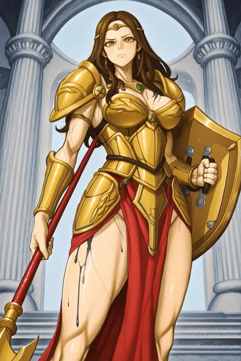 Character: The goddess Athena, with long, wavy brown hair and golden eyes, clad in her divine armor, wielding her spear in her right hand and her shield in her left. Her skin is a Mediterranean olive color, while an owl flies around her. She stands in an e...