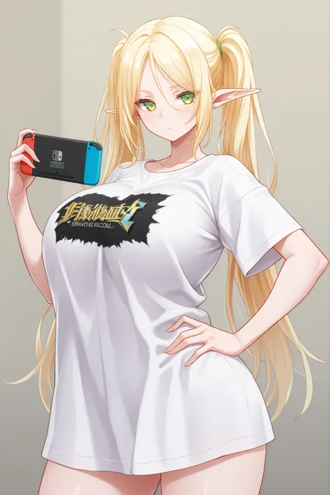 1 girl, elf, blonde, long hair, twin tails, green eyes, big breasts, casual clothes, big t-shirt, hand on hip, holding nintendo switch, looking at viewer