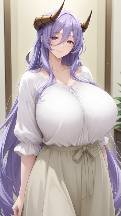 1 girl, mature, very long hair, violet hair, giant breasts, brown horns, casual clothes, standing straight, smiling, looking at viewer