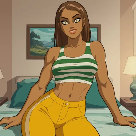 score_9_up, score_8_up, score_7_up, absurdres, masterpiece, HD, Catalina Leone, 1girl, dark skin, detailed eyes, thick lips, green and white stripped top, long hair, short top, navel, athletic body, yellow pants, smiling, large breasts, thick thighs, bedro...