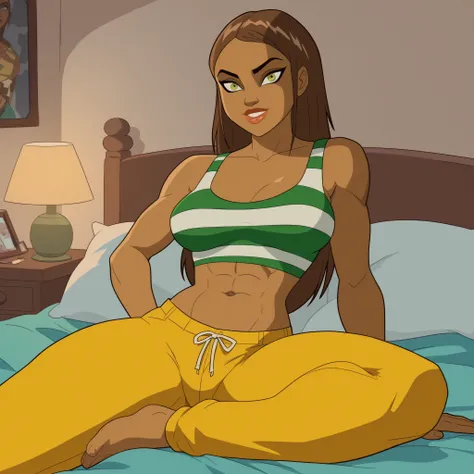 score_9_up, score_8_up, score_7_up, absurdres, masterpiece, HD, Catalina Leone, 1girl, dark skin, detailed eyes, thick lips, green and white stripped top, long hair, short top, navel, athletic body, yellow pants, smiling, large breasts, thick thighs, bedro...