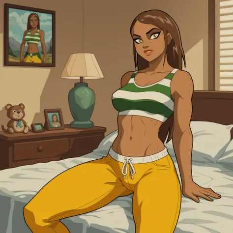 score_9_up, score_8_up, score_7_up, absurdres, masterpiece, HD, Catalina Leone, 1girl, dark skin, detailed eyes, thick lips, green and white stripped top, long hair, short top, navel, athletic body, yellow pants, smiling, large breasts, thick thighs, bedro...